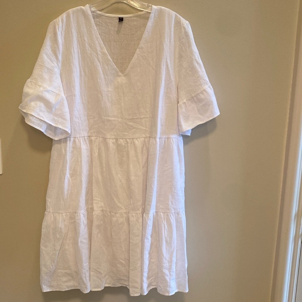 Sun Dress Cotton S/S Tiered Babydoll V neck White Size LARGE - Picture 5 of 10